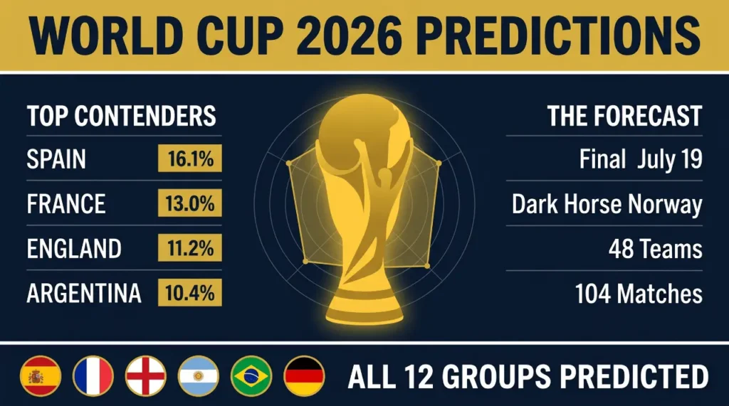 World Cup 2026 predictions infographic showing Spain, France, England and Argentina win chances with trophy and forecast panel