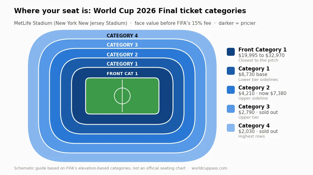 MetLife Stadium seating map showing FIFA World Cup 2026 Final ticket categories from Front Category 1 near the pitch to Category 4 in the highest rows, with face value prices