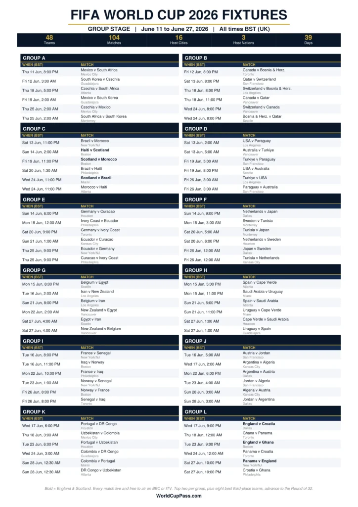 Printable FIFA World Cup 2026 Fixtures UK