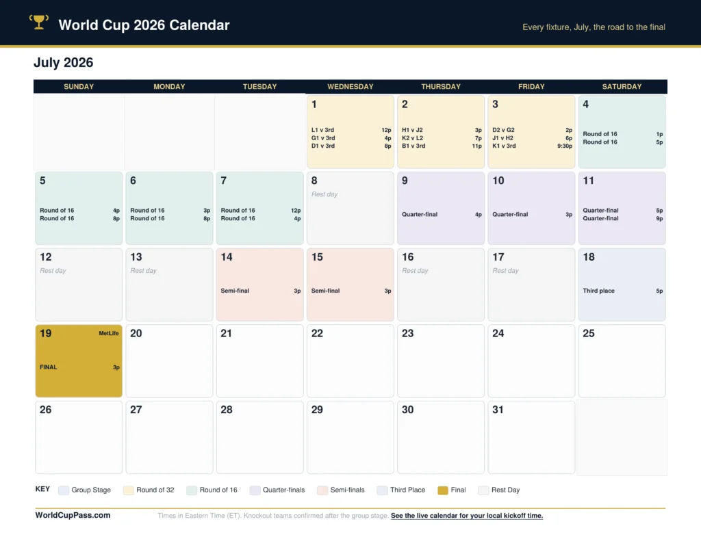 Printable World Cup 2026 Calendar July knockoutsPrintable World Cup 2026 Calendar July Knockout
