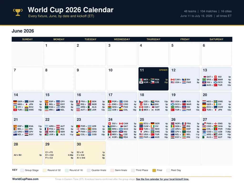 Printable World Cup 2026 Calendar June Fixtures